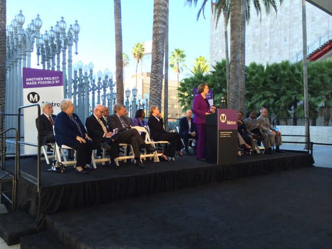 Senator Dianne Feinstein speaks at the groundbreaking for the Purple Line Extension at LACMA on Friday Nov. 07, 2014
