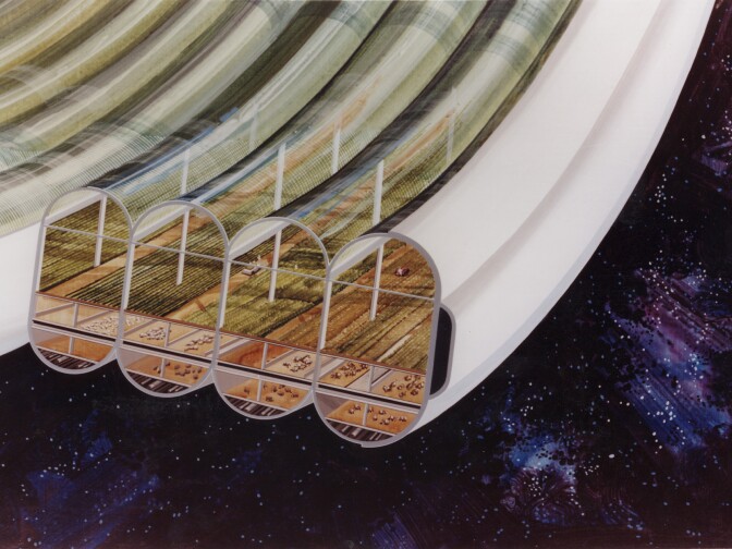 View of Bernal Sphere agricultural module (multiple toroids) with cutaway to expose interior.