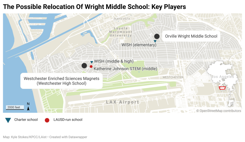 A map of the Westchester neighborhood of Los Angeles showing the relative positions of Westchester Enriched Sciences Magnets (WESM) and Orville Wright Middle School. On its campus are two other schools: the middle- and high school programs for WISH charter and Katherine Johnson STEM Academy middle school. WESM is located just north of LAX Airport, and Orville Wright is located to the northeast of WESM. On the Orville Wright campus is also WISH's charter elementary school.