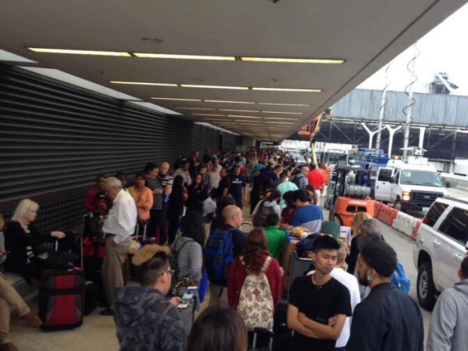 Long lines formed outside Terminal 7 at LAX after a computer glitch caused United Airlines to ground all flights.