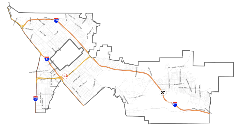 Map shows boundaries of District 7, which has the 210 Freeway running through it. Neighborhoods include all or part of the northeastern San Fernando Valley communities of North Hills, Sylmar, Mission Hills, Pacoima, Lake View Terrace, Sunland-Tujunga, Shadow Hills, and La Tuna Canyon.