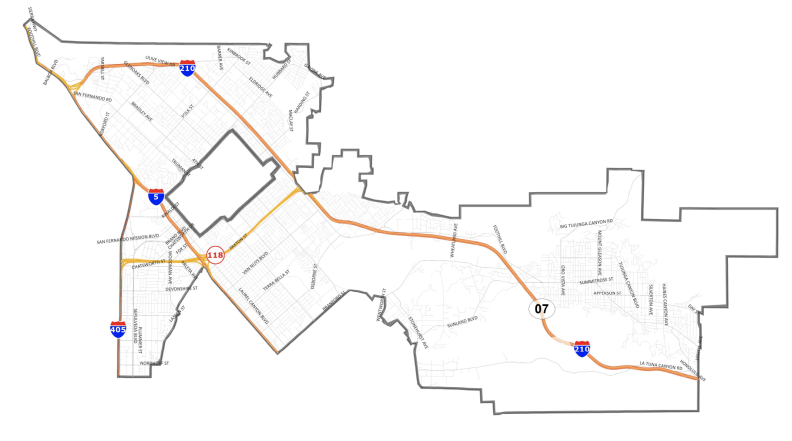 Map shows boundaries of District 7, which has the 210 Freeway running through it. Neighborhoods include all or part of the northeastern San Fernando Valley communities of North Hills, Sylmar, Mission Hills, Pacoima, Lake View Terrace, Sunland-Tujunga, Shadow Hills, and La Tuna Canyon. 