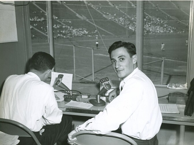 Jaime Jarrin in the broadcast booth at the L.A. Coliseum during the Dodgers' inaugural season in Los Angeles, 1959.
