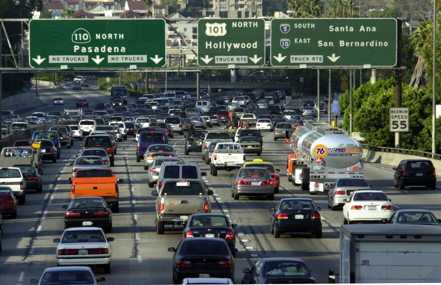 Traffic fills the 110 freeway during rush hour, May 7, 2001, in downtown Los Angeles, CA. The Texas Tranportation Institute annual report on congestion has declared that Angelenos have the worst traffic congestion of 68 urban areas, spending an average of 56 hours per year sitting in traffic. The national average of 36 hours has more than tripled since 1982.
