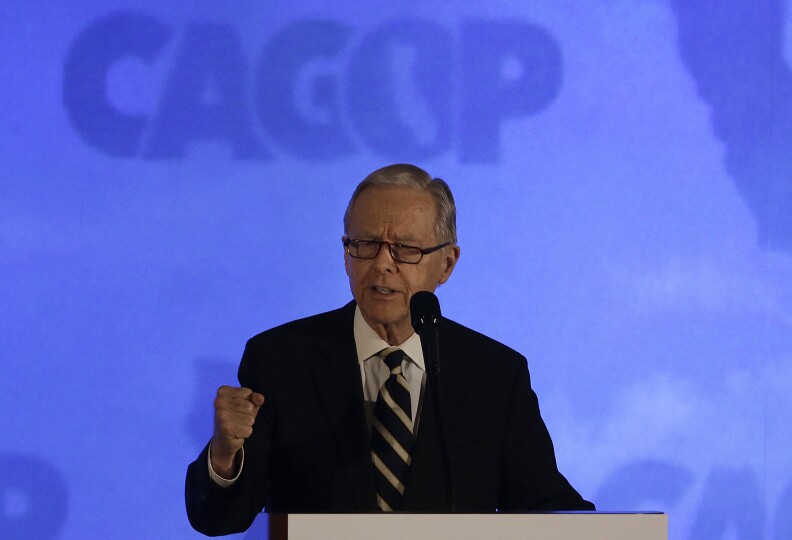 Former Calif. Gov. Pete Wilson speaks before introducing Republican presidential candidate Ted Cruz at the California Republican Party 2016 Convention in Burlingame, Calif., Saturday, April 30, 2016. (AP Photo/Jeff Chiu)