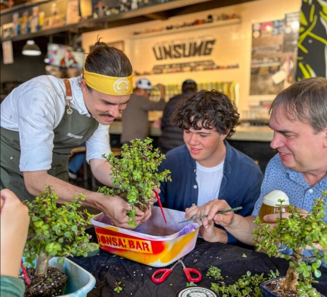 A man working at Bonsai Bar wearing a bandana and an apron shows a young man and another man a bonsai plant.