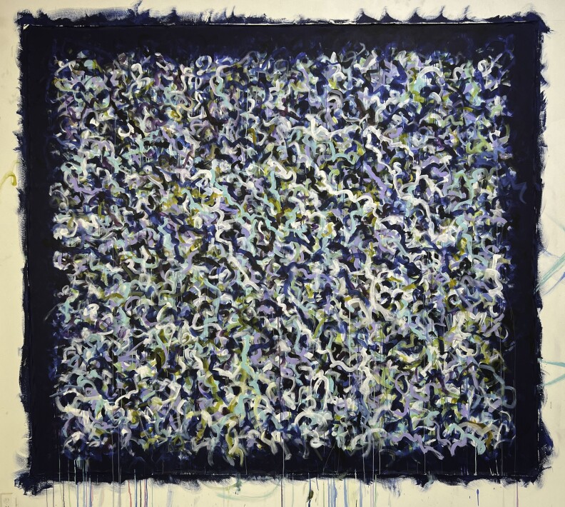 A painting filled with blue, purple, and white squiggly lines, with a dark blue-black framing of paint around them, on an off-white background.
