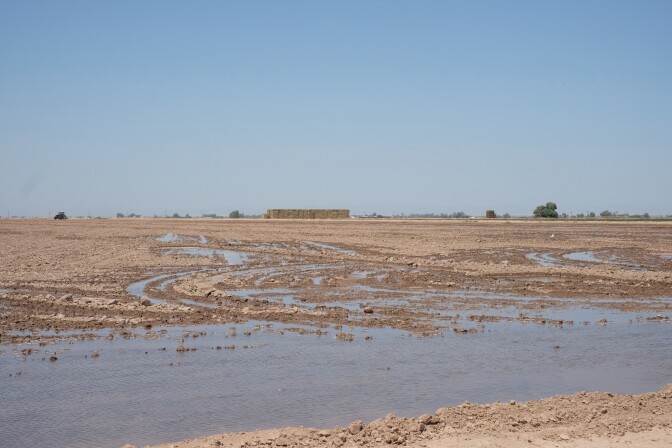 Water filters onto a dry open field under a blue sky. A stack of hay is in the background. 