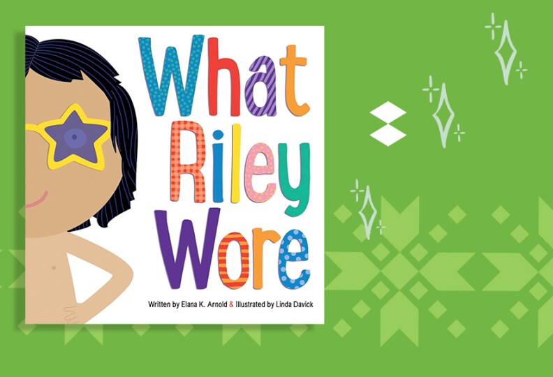 A book cover depicts an illustration of a shirtless child with medium-light skin tone and short black hair wearing yellow star-shaped sunglasses. Their left hand is on their hip. The title reads What Riley Wore.