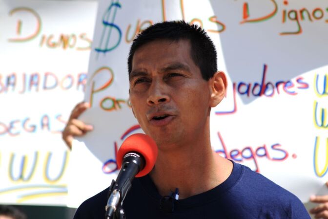 Warehouse employee Juan Chavez spoke at a news conference Tuesday about a class action labor lawsuit that has been filed against companies doing business in the Inland Empire warehousing industry. 