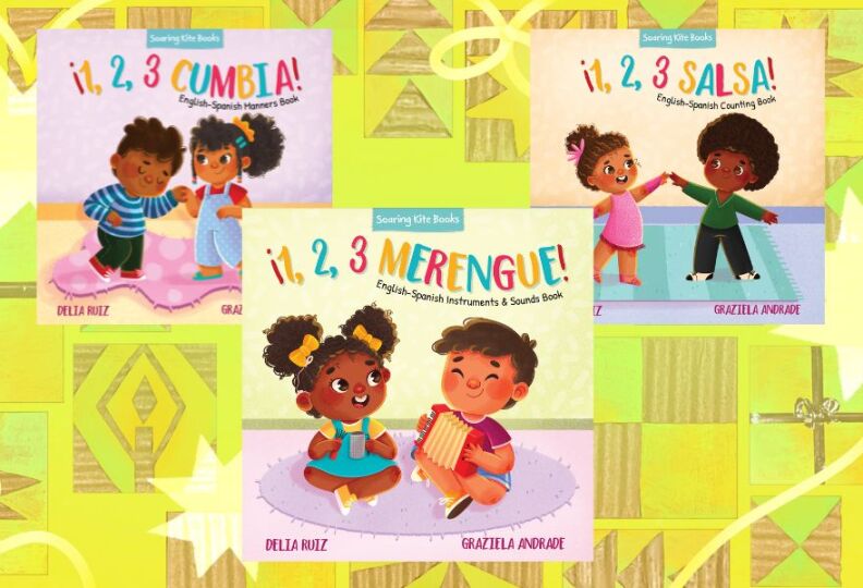 An illustration including the covers of three kids' books that are part of a series: All three books show young children dancing or playing musical instruments, learning how to count through music. The titles are "¡1, 2, 3 Cumbia!," "¡1, 2, 3 Salsa!" and "¡1,2,3 Merengue!" The book covers are set against a decorative lime green background accented with stars, gift boxes and strands of ribbon.