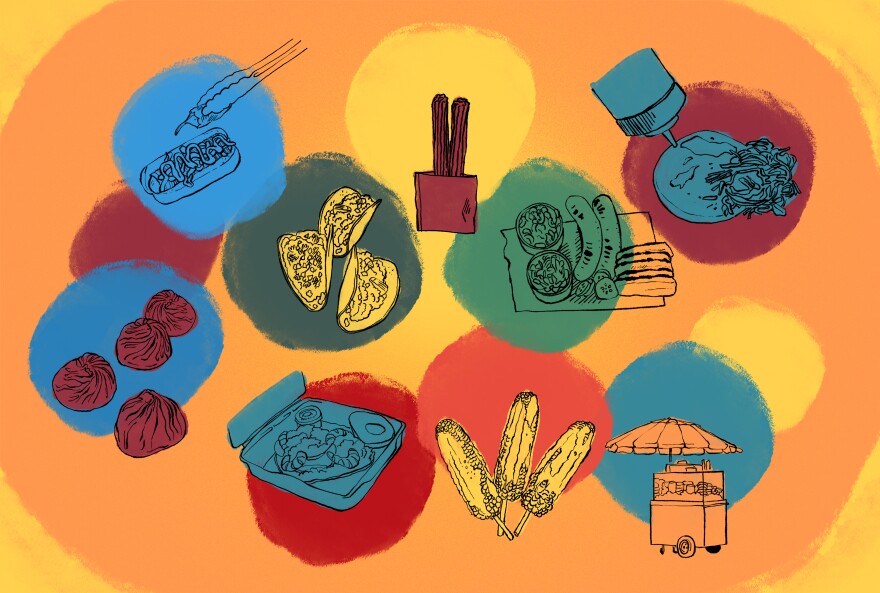 Colorful splotches of paint highlight line drawings of an assortment of classic Los Angeles street foods.
