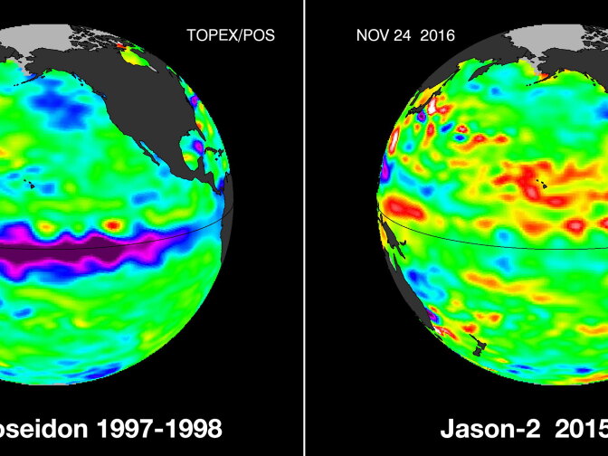 A strong La Niña from the winter of 1997-1998 (left), compared to this year's much less powerful La Niña (right).