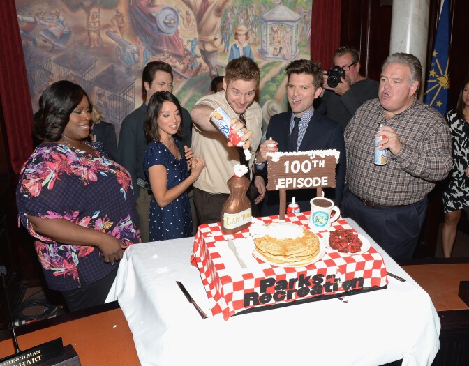 Marietta Sirleaf, Aubrey Plaza, Chris Pratt, Adam Scott and Jim O'Heir attend the NBC "Parks And Recreation" 100th Episode Celebration at CBS Studios - Radford on October 16, 2013 in Studio City, California.  