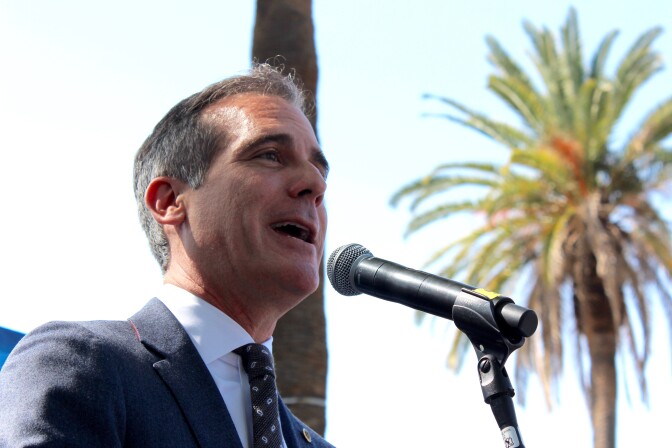 Los Angeles Mayor Eric Garcetti speaks during the launch event for an anti-homelessness campaign on Fri., Mar. 9, 2018.