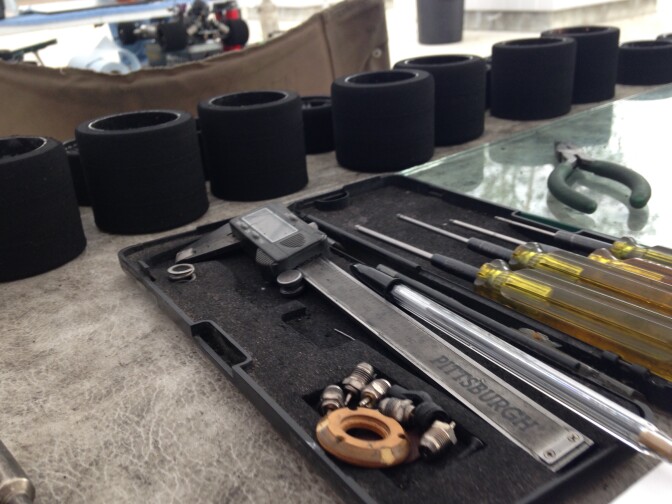 Members of the Greater Los Angeles Remote Control Racing club always have tools and tires handy. 