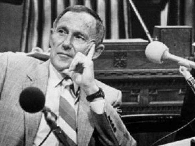 February 3, 1988: LAPD Chief Daryl Gates listening to LA City Council members discuss gang shooting in Westwood Village. 