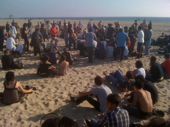 Hundreds gather at the Venice Beach Drum Circle.