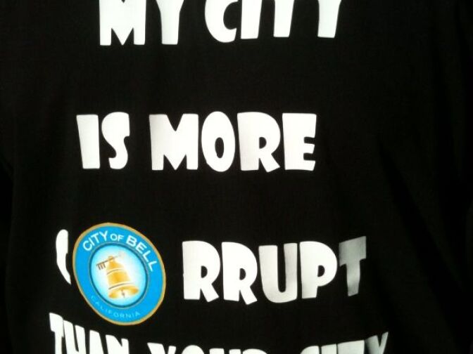 One Bell resident expressed his outrage over exorbitant pay for city officials on his t-shirt.