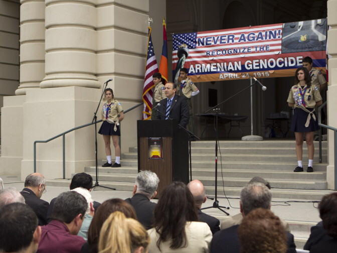 Khatchik "Chris" Chahinian, the chairman of the Armenian Community Coalition of Pasadena, delivers the closing remarks in both English and Armenian.
