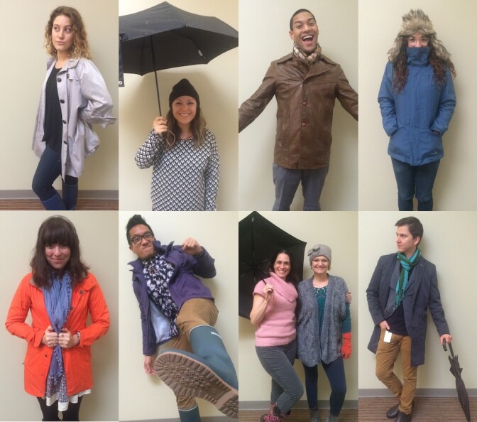 KPCC staffers all show off their El Niño and rainy day fashion gear. Clockwise from top left: Kristen Lepore, Maya Sugarman, Austin Cross, Michelle Lanz, Sanden Totten, Andrea Gardner-Bernstein, Evelyn Larrubia, Leo Duran and Becca Murphy.