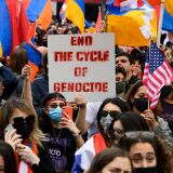 People protest outside of the Turkish Consulate on the anniversary of the Armenian genocide in a demonstration organized by the Armenian Youth Federation (AYF) on April 24, 2021 in Beverly Hills, California. - President Joe Biden's recognition of the Armenian genocide was met Saturday by tempered satisfaction from the nation's US diaspora, with some saying the words need to result in more pressure against Turkey. Marchers gathered in Los Angeles, home to one of the largest Armenian communities in the world, to mark the day with Armenian flags and calls for accountability. (Photo by Patrick T. FALLON / AFP) (Photo by PATRICK T. FALLON/AFP via Getty Images)