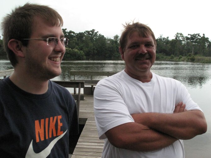 Erwin "Bubba" Menesses Jr. (right) worries that his son Trey won't have a business to take over. The family has been making nets by this dock in St. Bernard Parish, La., for 200 years. But the oil disaster has cut business by 95 percent.
