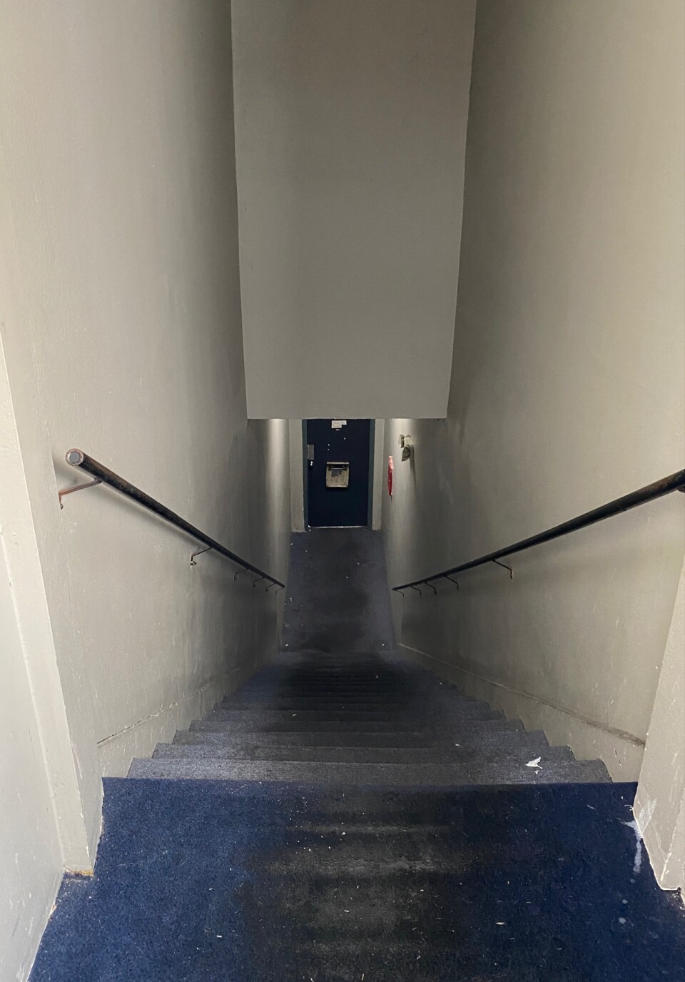 A stairwell in the apartment building has blue carpet that is stained black and looks like it hasn't been cleaned in years.