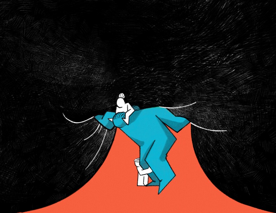 An adult, with small children clinging to her, lifts a big dark mass on her shoulders as she tries to walk forward in a graphic illustration.
