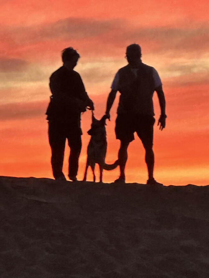 Two people stand atop a sand berm on either side of a dog, with the sunset blazing orange behind them. The woman's silhouette is... baggy. 
