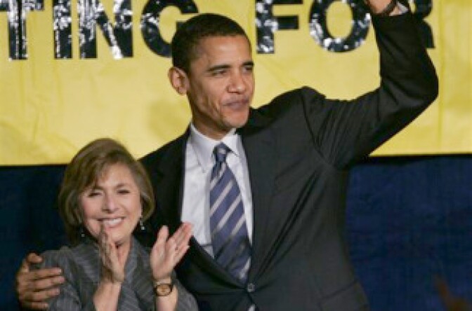 Presidential candidate Sen. Barack Obama, D-Ill., right, waves as Sen. Barbara Boxer, D-Calif., left, smiles during her re-election campaign reception in San Francisco, Monday, Feb. 19, 2007. 
