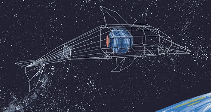 Richard Clar, Space Flight Dolphin, rendering of deployed satellite/sculpture in low earth orbit, 1982.  