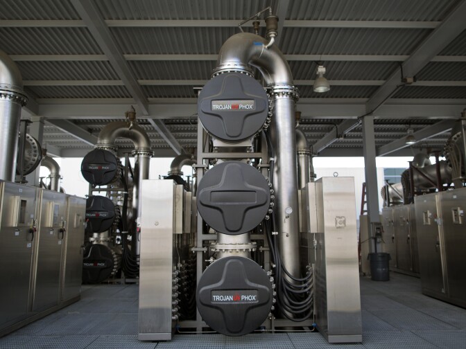 The third and final step in the water recycling process UV light and hydrogen peroxide to disinfect the water, removing any bacteria or viruses. Inside each of these containers are 72 ultraviolet bulbs.