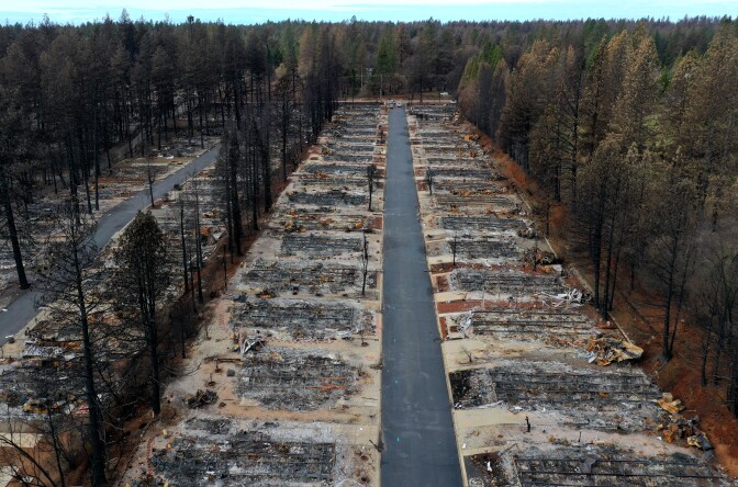 PARADISE, CALIFORNIA - FEBRUARY 11: An aerial view of homes destroyed by the Camp Fire on February 11, 2019 in Paradise, California. Three months after the deadly and destructive Camp Fire, the community is beginning the rebuilding process.  (Photo by Justin Sullivan/Getty Images)