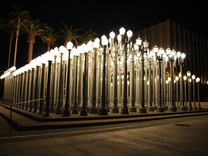 Chris Burden's iconic sculpture, "Urban Light," located in front of the Los Angeles County Museum of Art.
