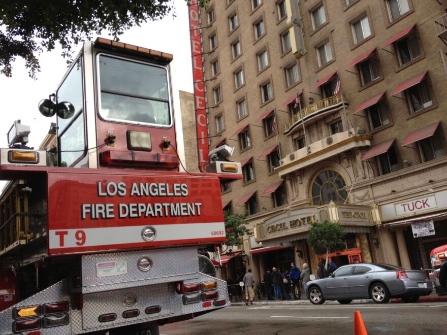 The Hotel Cecil in downtown Los Angeles, where Canadian tourist Elisa Lam was last seen. On Tuesday, Feb. 19, workers discovered a body in one of four rooftop water tanks.