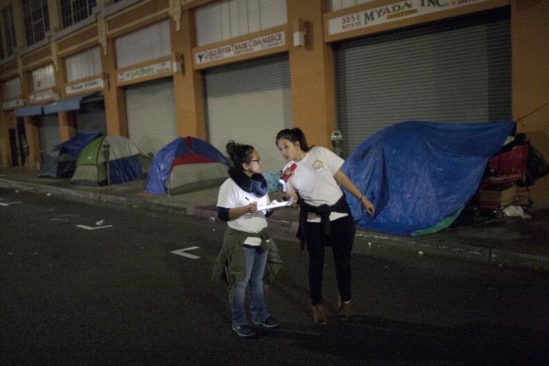 File: Volunteers count homeless people on a dark street on Skid Row during the 2015 Greater Los Angeles Homeless Count conducted by the L.A. Homeless Services Authority on Jan. 29, 2015.