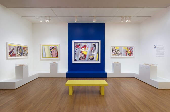 Installation view of Pop for the People: Roy Lichtenstein in L.A.; “Comic Books” section featuring various works.