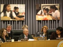 Superintendent of Schools Ramon Cortines (center) and other members of the Los Angeles Unified School District Board of Education meet on April 19, 2009 to discuss a proposal to eliminate thousands of jobs in hopes of closing a $718 million budget gap.