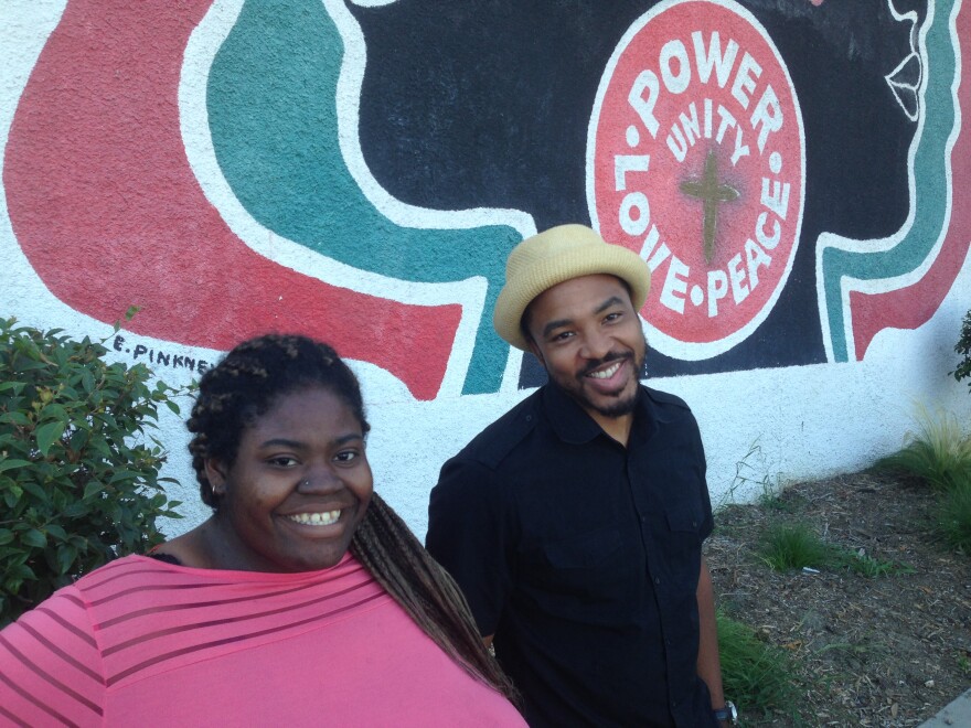 Devonne Bowman and Bruce Lemon Jr. in front of the Mafundi Building in Watts 