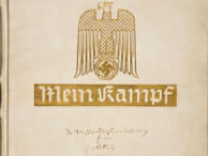 A deluxe edition of Hitler's Mein Kampf was among the other artifacts seized by Patton's troops. In a handwritten inscription on the cover, Patton presents it to The Huntington.