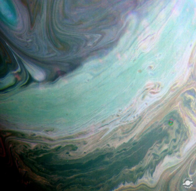 A false-color view of Saturn's clouds. From the producer, Kevin M. Gill: This image is "made from uncalibrated (raw) infrared filtered images from Cassini, taken on July 20, 2016. I mapped the CB2 filtered image (.75 micron wavelength) to red, MT2 (.727 microns) to green, and MT1 (.619 microns) to blue."