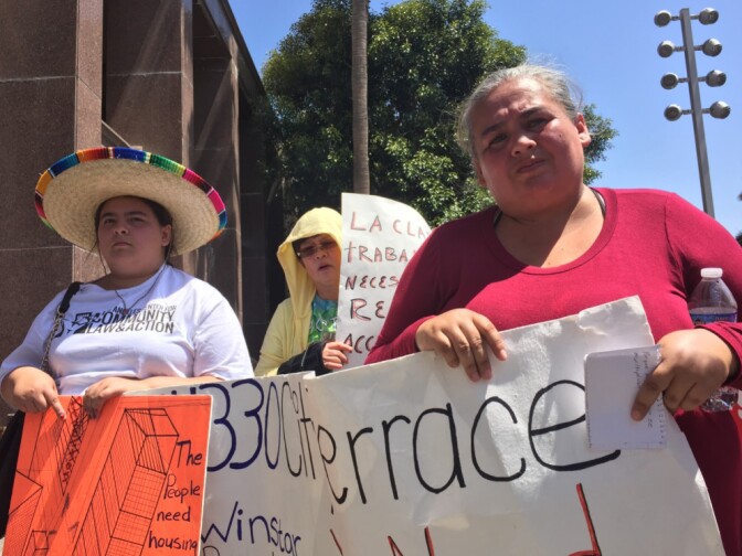 Carolina Rodriguez joined other tenants in calling for more tenant protections in unincorporated areas of LA County like East LA, where she lives.  