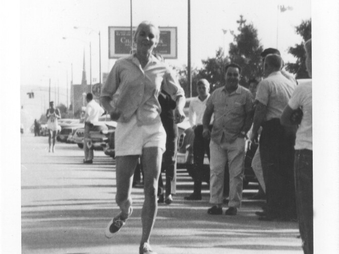 A photo from a San Bernardino newspaper documenting Merry Lepper's finish in the Western Hemisphere Marathonin Culver City in 1963. Merry remembers she didn't feel especially tired after accomplishing the feat, contrary to officials' claims that marathons would damage women's "delicate" health.