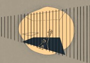 An illustration made of a tan rectangle with black jail bars flowing across. Inside the jail cell there's a black square on the ground and a figure is falling into it holding onto the bars and reaching one arm out in the air for help.