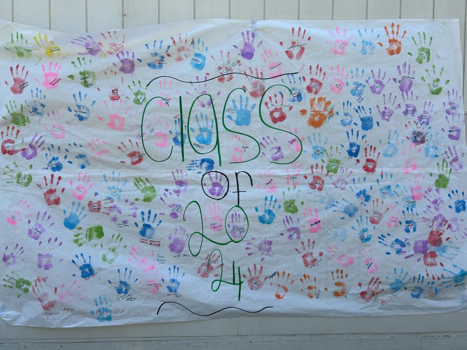A sheet of paper with hand prints in various colors around the words "Class of 2024"