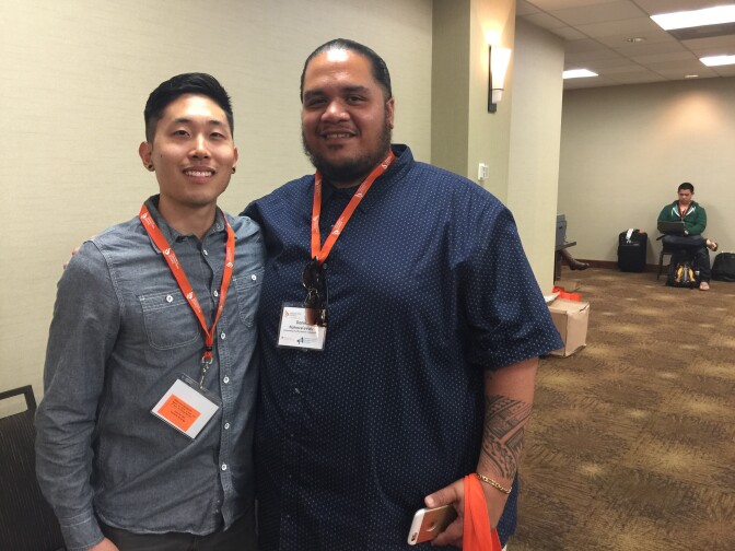 Kyle Tsukahira, left, and Daniel Naha-Ve'evalu are among the Asian Americans and Pacific Islanders attending the Advancing Justice Conference Wednesday in downtown Los Angeles.
