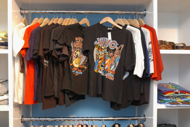 Vintage T-shirts are on display at the Lo-Fi boutique on September 9, 2002 in Los Angeles, California. 