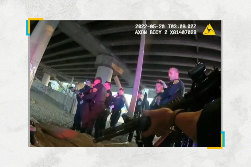 Images from body camera footage shown at a San Francisco Police Department press conference after police shot and killed two men on May 19, 2022.