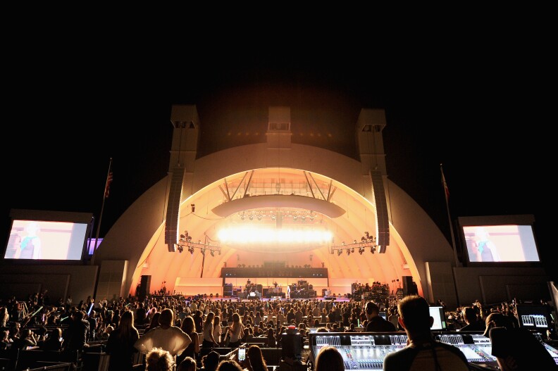 The modern bandshell at the Hollywood Bowl features a fan-like shell of concentric circles.